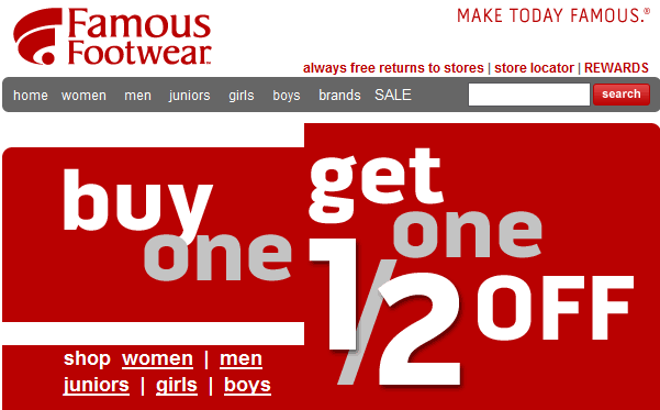 Famous Footwear Buy One Get One 50% Off 