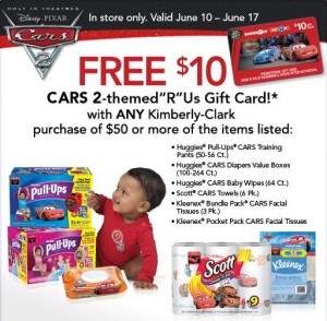 Cars2 giftcard 300x294 Toys R Us: FREE $10 Cars 2 Themed Gift Card with Purchase